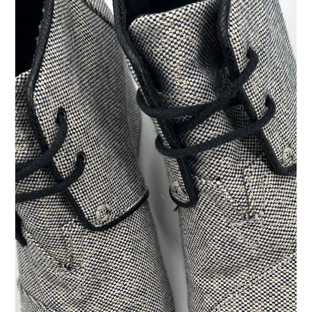 Toms Desert Wedge Linen Tweed Black White Metallic Gold Lace-up Ankle Bootie 7